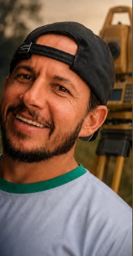 Vinicius Vieira, topógrafo, ao lado da estação total